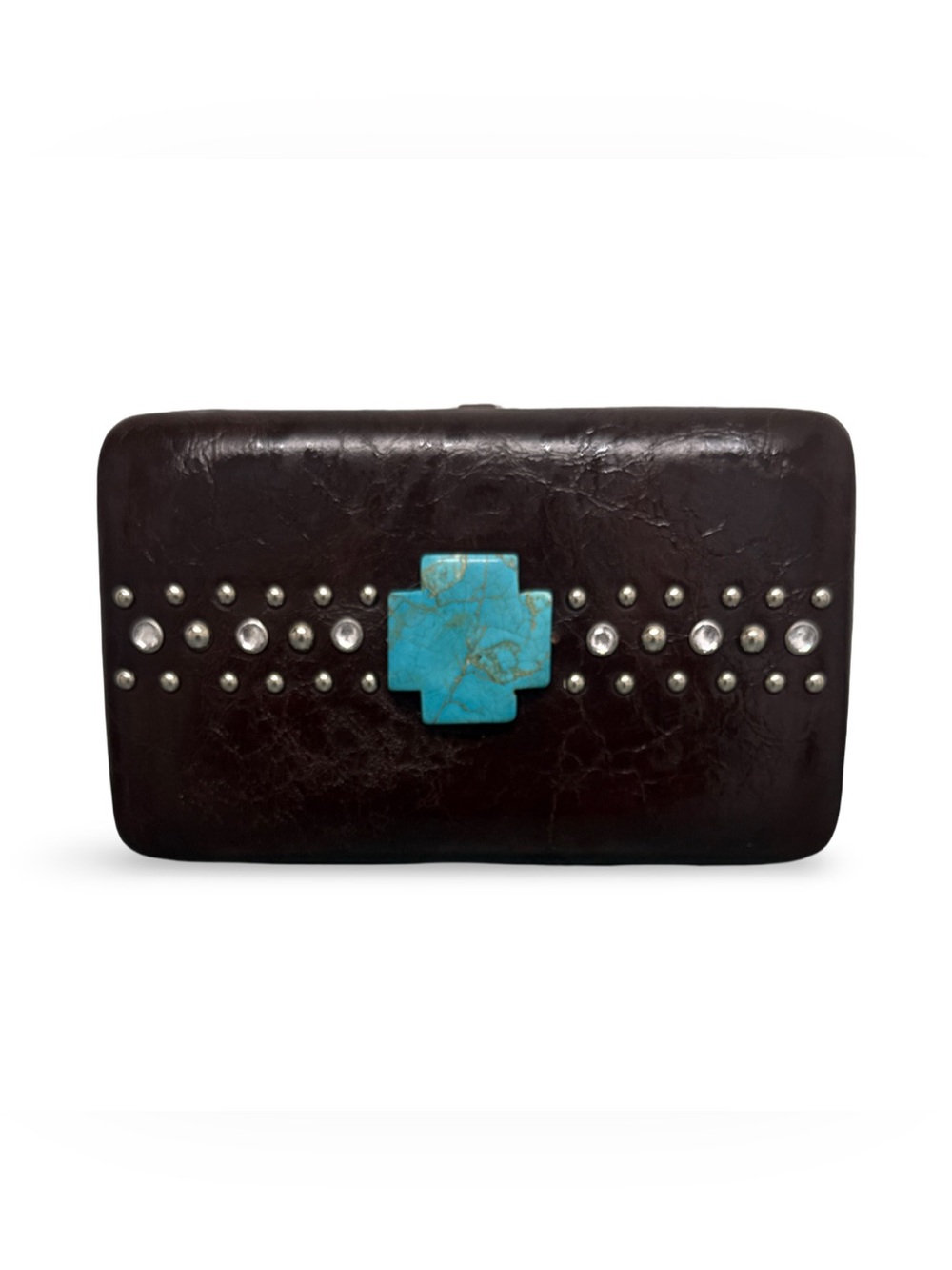 Country Road Turquoise Cross Accent Studded Dark Brown Leather Clutch Wallet